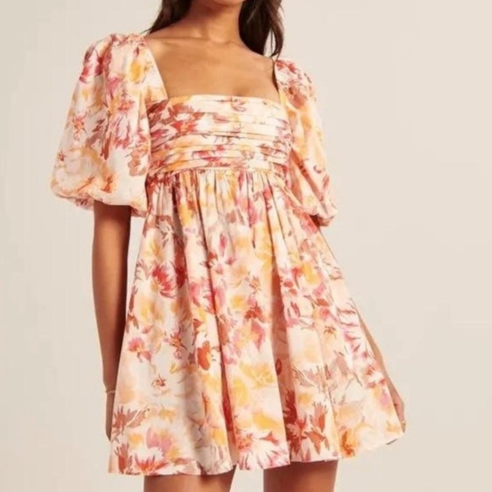 Abercrombie & Fitch Emerson Puff Sleeve Pink and Orange Ruched Mini Sundress